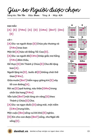 Hợp âm Giu-se Người được chọn (Tôn Tẫn) – bản nhạc PDF trang 1, tông A