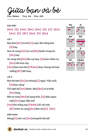 Hợp âm Giữa bạn và bè (Hào Lê) – bản nhạc PDF trang 1, tông Em