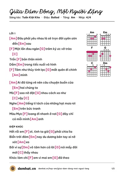 Hợp âm Giữa Đám Đông, Một Người Lặng (Tuấn Kiệt Kite) – bản nhạc PDF trang 1, tông Am