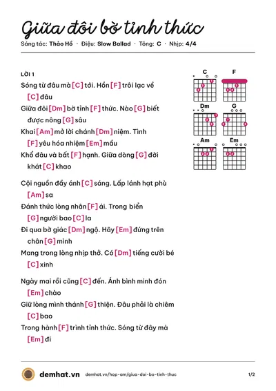 Hợp âm Giữa đôi bờ tỉnh thức (Thảo Hồ) – bản nhạc PDF trang 1, tông C