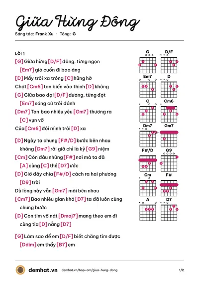 Hợp âm Giữa Hừng Đông (Đỗ Lộc) – bản nhạc PDF trang 1, tông G