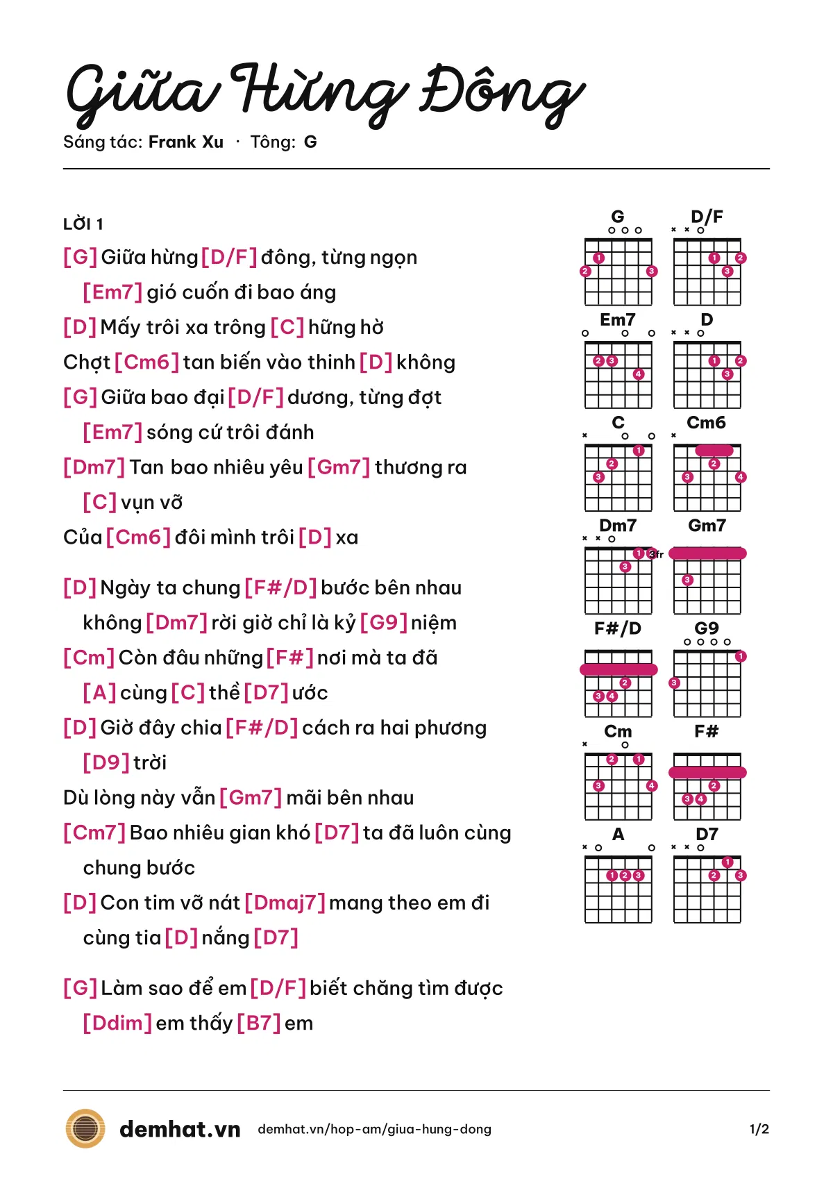 Hợp âm Giữa Hừng Đông (Đỗ Lộc) – bản nhạc PDF trang 1, tông G