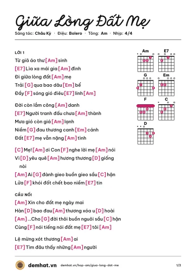 Hợp âm Giữa Lòng Đất Mẹ (Hương Lan) – bản nhạc PDF trang 1, tông Am