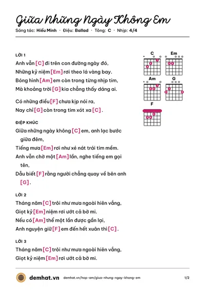 Hợp âm Giữa Những Ngày Không Em (Hiếu Minh) – bản nhạc PDF trang 1, tông C