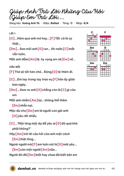 Hợp âm Giúp Anh Trả Lời Những Câu Hỏi (Giúp Em Trả Lời Những Câu Hỏi) (Vương Anh Tú) – bản nhạc PDF trang 1, tông C