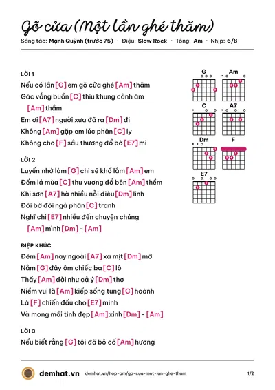 Hợp âm Gõ cửa (Một lần ghé thăm) (Đặng Thế Luân) – bản nhạc PDF trang 1, tông Am