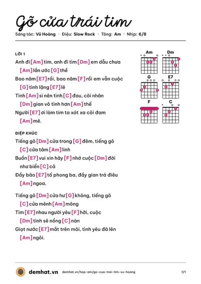 Hợp âm Gõ cửa trái tim (Đan Trường) – bản nhạc PDF trang 1, tông Am