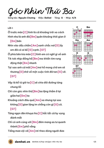 Hợp âm Góc Nhìn Thứ Ba (Nguyên Chương) – bản nhạc PDF trang 1, tông G