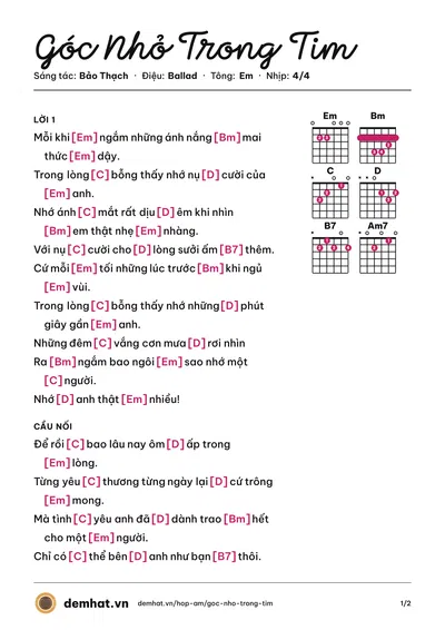Hợp âm Góc Nhỏ Trong Tim (Khởi My) – bản nhạc PDF trang 1, tông Em