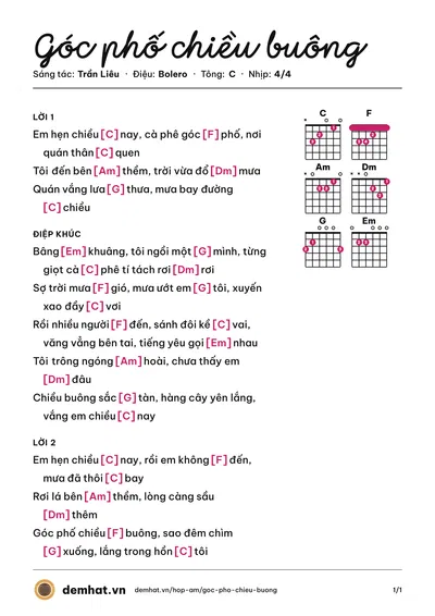 Hợp âm Góc phố chiều buông (Trần Liêu) – bản nhạc PDF trang 1, tông C