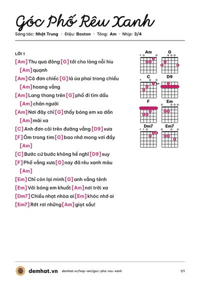 Hợp âm Góc Phố Rêu Xanh (Đàm Vĩnh Hưng) – bản nhạc PDF trang 1, tông Am
