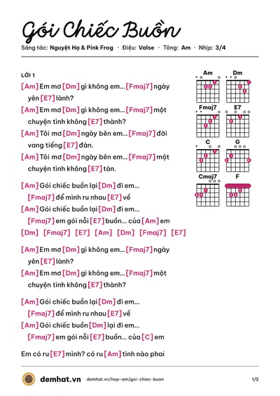 Hợp âm Gói Chiếc Buồn (Pink Frog) – bản nhạc PDF trang 1, tông Am