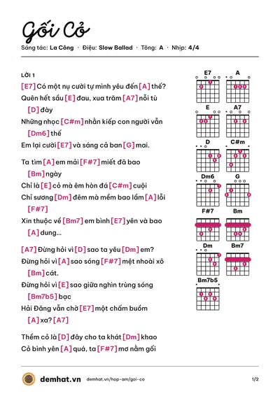 Hợp âm Gối Cỏ (Quốc Trịnh) – bản nhạc PDF trang 1, tông A