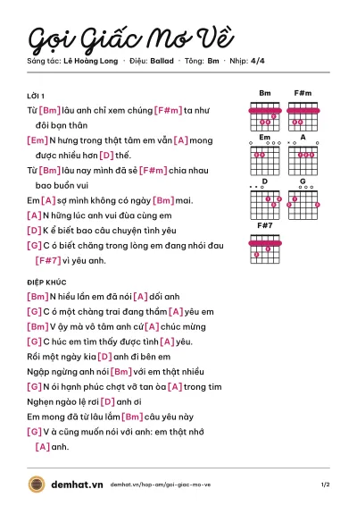 Hợp âm Gọi Giấc Mơ Về (Quang Dũng) – bản nhạc PDF trang 1, tông Bm