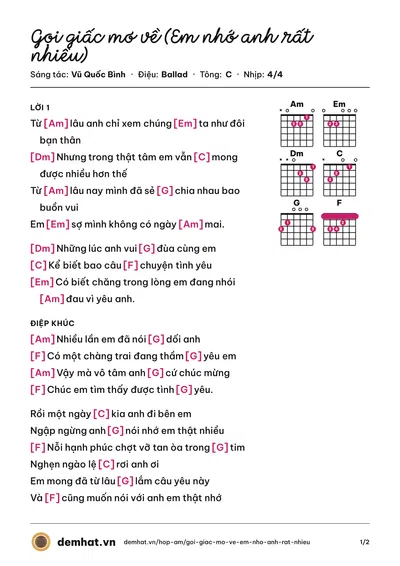 Hợp âm Gọi giấc mơ về (Em nhớ anh rất nhiều) (Sơn Ca) – bản nhạc PDF trang 1, tông C