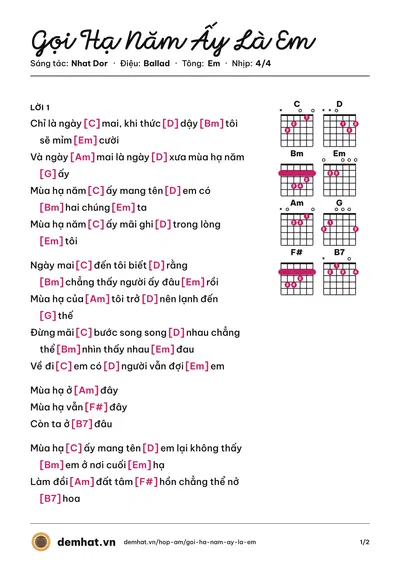 Hợp âm Gọi Hạ Năm Ấy Là Em (Nhat Dor) – bản nhạc PDF trang 1, tông Em