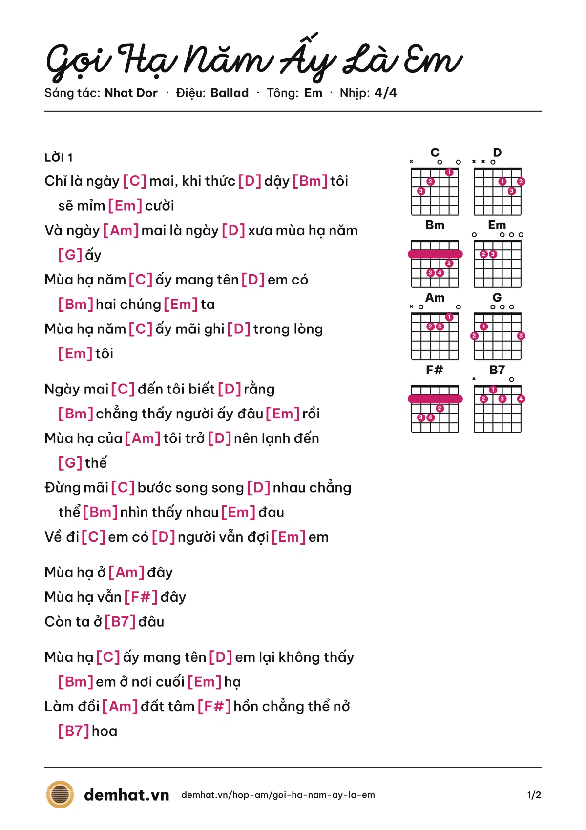 Hợp âm Gọi Hạ Năm Ấy Là Em (Nhat Dor) – bản nhạc PDF trang 1, tông Em