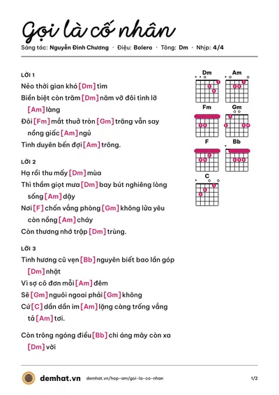 Hợp âm Gọi là cố nhân (Nguyễn Đình Chương) – bản nhạc PDF trang 1, tông Dm