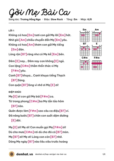 Hợp âm Gởi Mẹ Bài Ca (Đường Gia Công) – bản nhạc PDF trang 1, tông Em