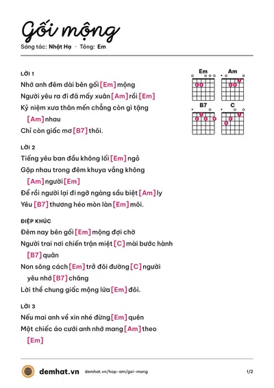 Hợp âm Gối mộng (Nhật Hạ) – bản nhạc PDF trang 1, tông Em