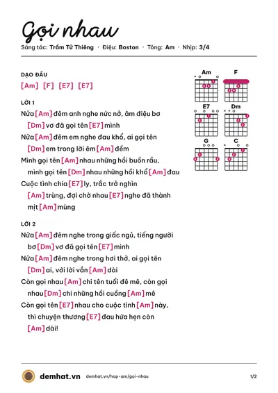 Hợp âm Gọi nhau (Trầm Tử Thiêng) – bản nhạc PDF trang 1, tông Am