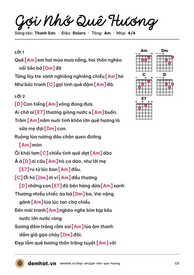 Hợp âm Gợi Nhớ Quê Hương (Anh Thơ) – bản nhạc PDF trang 1, tông Am