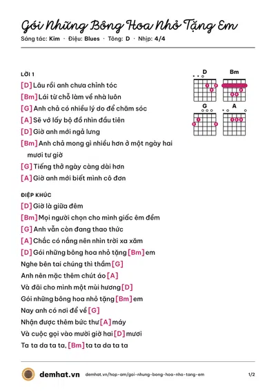 Hợp âm Gói Những Bông Hoa Nhỏ Tặng Em (Kim) – bản nhạc PDF trang 1, tông D