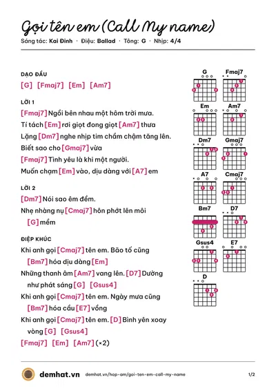 Hợp âm Gọi tên em (Call My name) (Min) – bản nhạc PDF trang 1, tông G