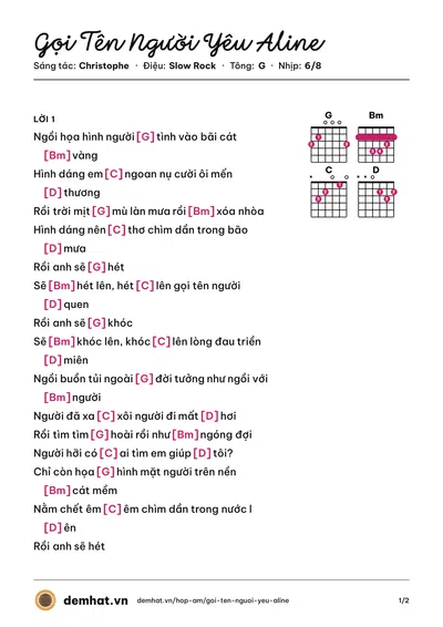 Hợp âm Gọi Tên Người Yêu Aline (Bằng Kiều) – bản nhạc PDF trang 1, tông G
