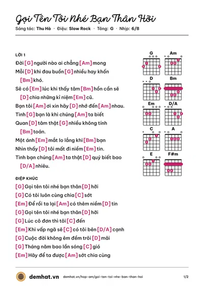 Hợp âm Gọi Tên Tôi Nhé Bạn Thân Hỡi (Lương Bích Hữu) – bản nhạc PDF trang 1, tông G