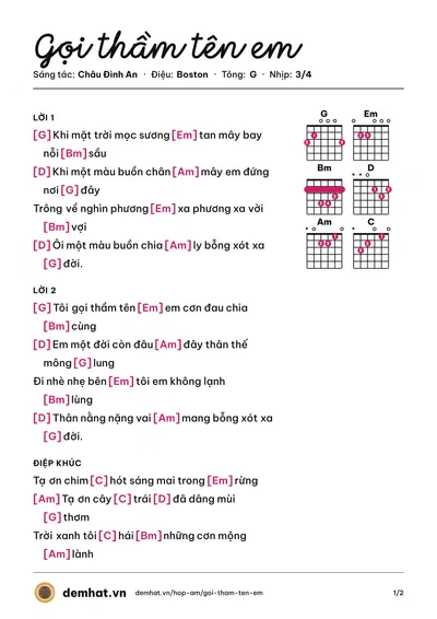 Hợp âm Gọi thầm tên em (Châu Đình An) – bản nhạc PDF trang 1, tông G