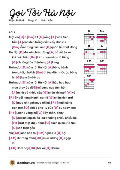 Hợp âm Gọi Tôi Hà Nội (Ngọc Khuê) – bản nhạc PDF trang 1, tông D