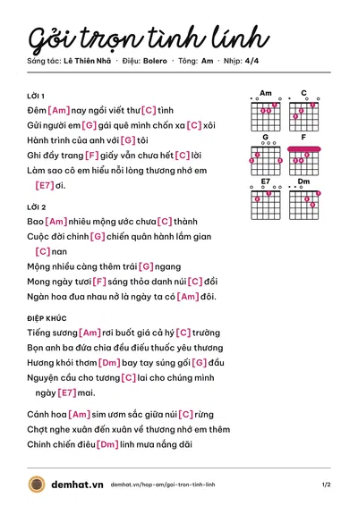 Hợp âm Gởi trọn tình lính (Trung Nghĩa) – bản nhạc PDF trang 1, tông Am