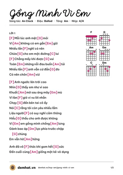 Hợp âm Gồng Mình Vì Em (Lương Quý Tuấn) – bản nhạc PDF trang 1, tông Am