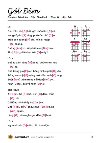 Hợp âm Gót Đêm (guitar) – bản nhạc PDF trang 1, tông G