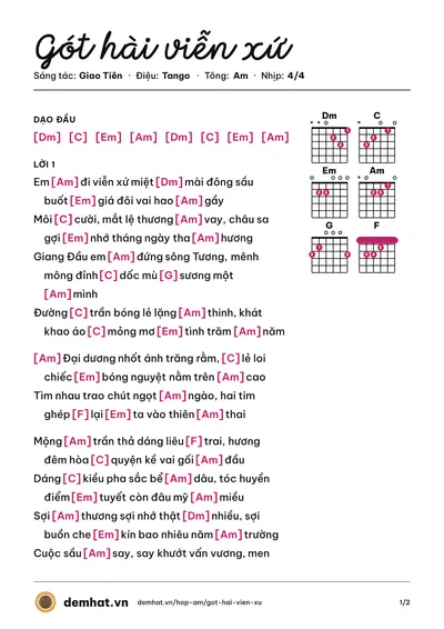 Hợp âm Gót hài viễn xứ (Kana Ngọc Thúy) – bản nhạc PDF trang 1, tông Am