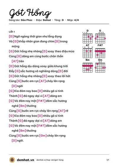 Hợp âm Gót Hồng (Lam Trường) – bản nhạc PDF trang 1, tông D