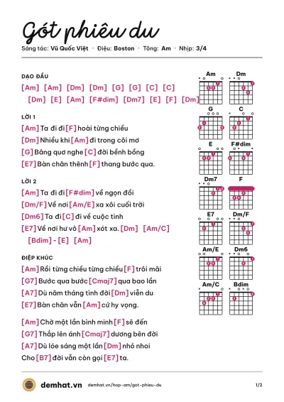 Hợp âm Gót phiêu du (Quang Dũng) – bản nhạc PDF trang 1, tông Am