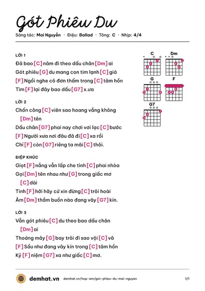 Hợp âm Gót Phiêu Du (Đan Thanh) – bản nhạc PDF trang 1, tông C