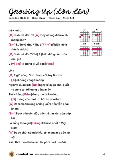 Hợp âm Growing Up (Lớn Lên) (Stilla D) – bản nhạc PDF trang 1, tông Bm