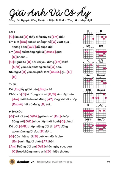 Hợp âm Gửi Anh Và Cô Ấy (Hương Tràm) – bản nhạc PDF trang 1, tông G
