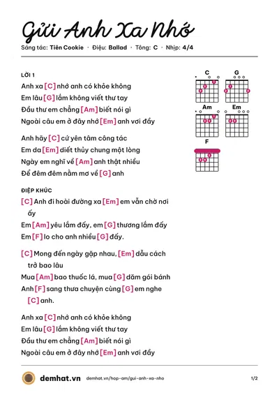Hợp âm Gửi Anh Xa Nhớ (Bích Phương) – bản nhạc PDF trang 1, tông C
