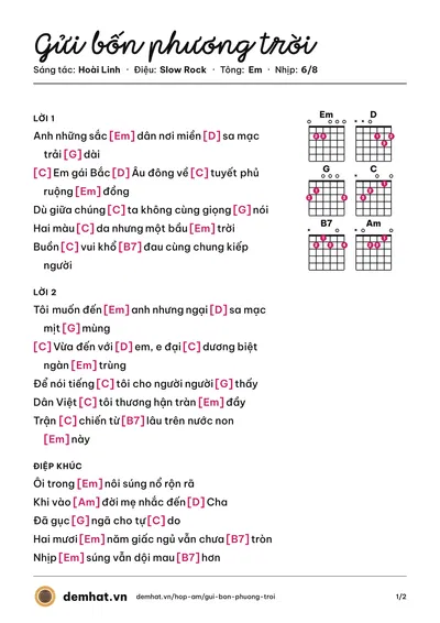 Hợp âm Gửi bốn phương trời (Duy Khánh (trước 75)) – bản nhạc PDF trang 1, tông Em