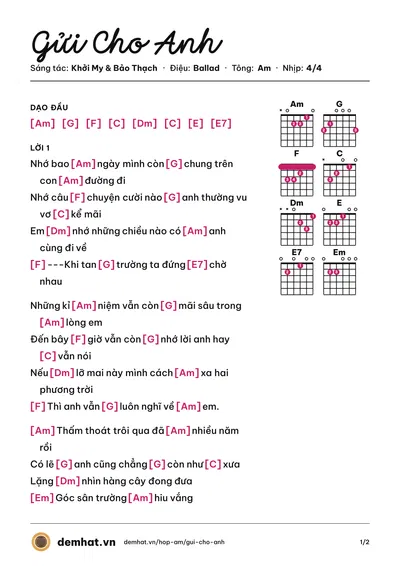 Hợp âm Gửi Cho Anh (Khởi My) – bản nhạc PDF trang 1, tông Am