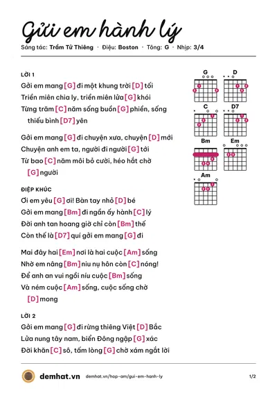 Hợp âm Gửi em hành lý (Trầm Tử Thiêng) – bản nhạc PDF trang 1, tông G
