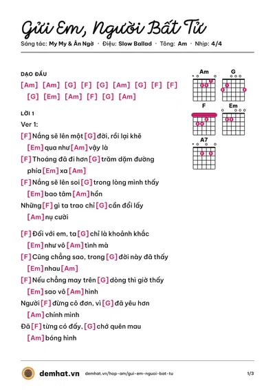 Hợp âm Gửi Em, Người Bất Tử (Ân Ngờ) – bản nhạc PDF trang 1, tông Am