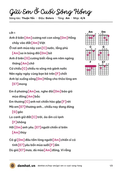 Hợp âm Gửi Em Ở Cuối Sông Hồng (Trọng Tấn) – bản nhạc PDF trang 1, tông Am