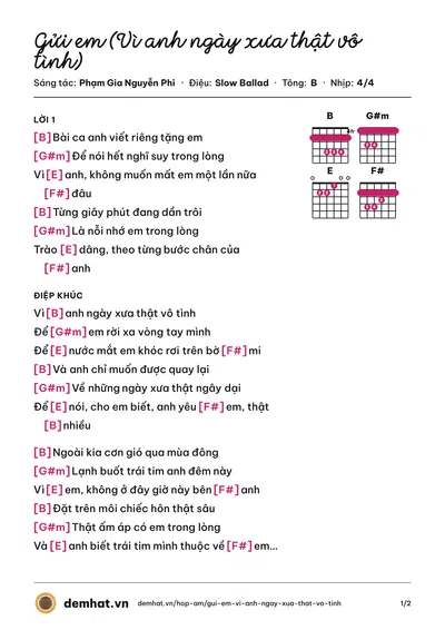 Hợp âm Gửi em (Vì anh ngày xưa thật vô tình) (Phạm Gia Nguyễn Phi) – bản nhạc PDF trang 1, tông B