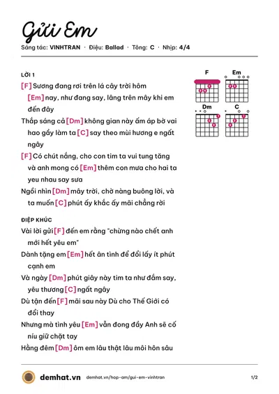 Hợp âm Gửi Em (VINHTRAN) – bản nhạc PDF trang 1, tông C