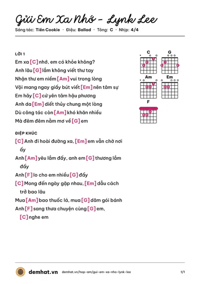 Hợp âm Gửi Em Xa Nhớ - Lynk Lee (Lynk Lee) – bản nhạc PDF trang 1, tông C